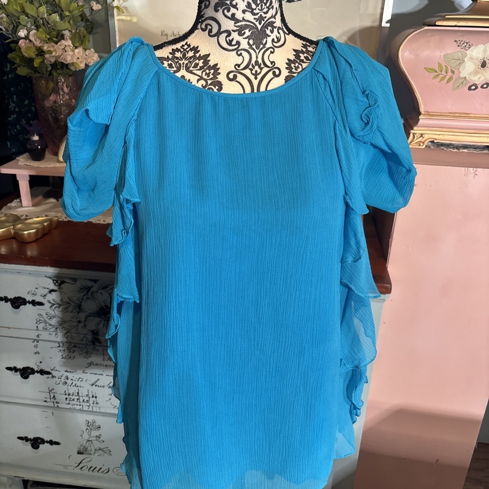 Tibi 100% Silk‎ Teal Ruffle Blouse With Lining Sz 8